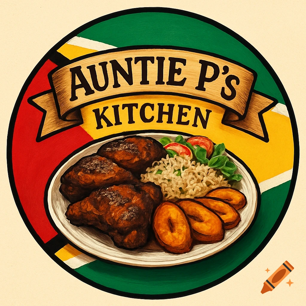 A circular graphic featuring the Guyanese flag colors, a banner reading "Auntie P's Kitchen", and a plate of Caribbean food with chicken, rice, and plantains.