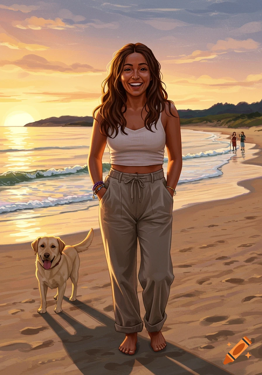 A woman and a golden retriever walk on a beach at sunset in a painterly style.