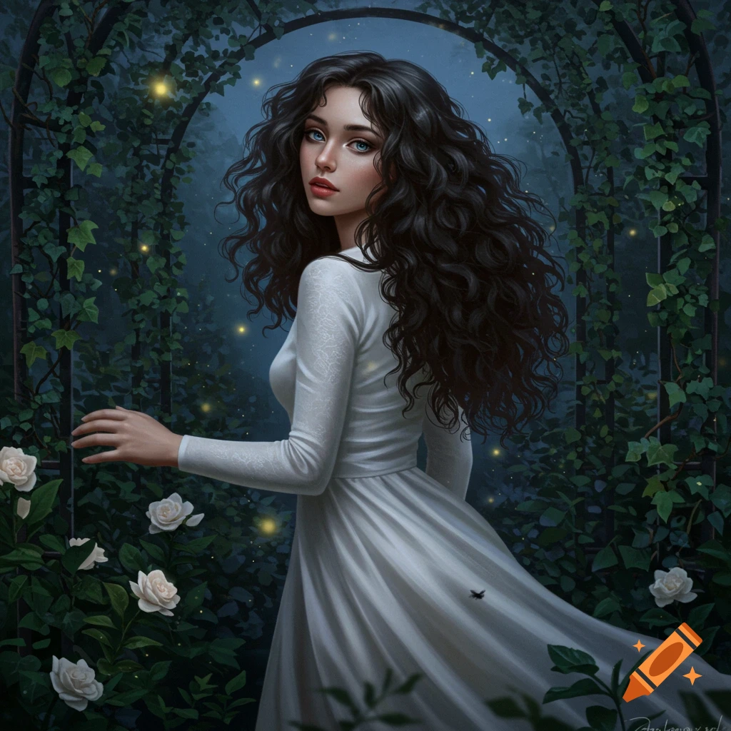 An illustration of a woman with long dark hair and a white dress standing in a moody, mystical garden at night with glowing lights and white roses.