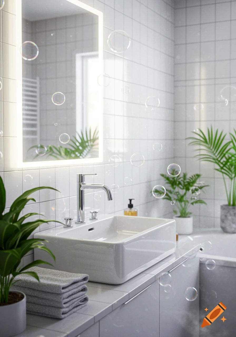 A bright, modern bathroom with a white sink, illuminated mirror, and green plants, featuring floating soap bubbles.