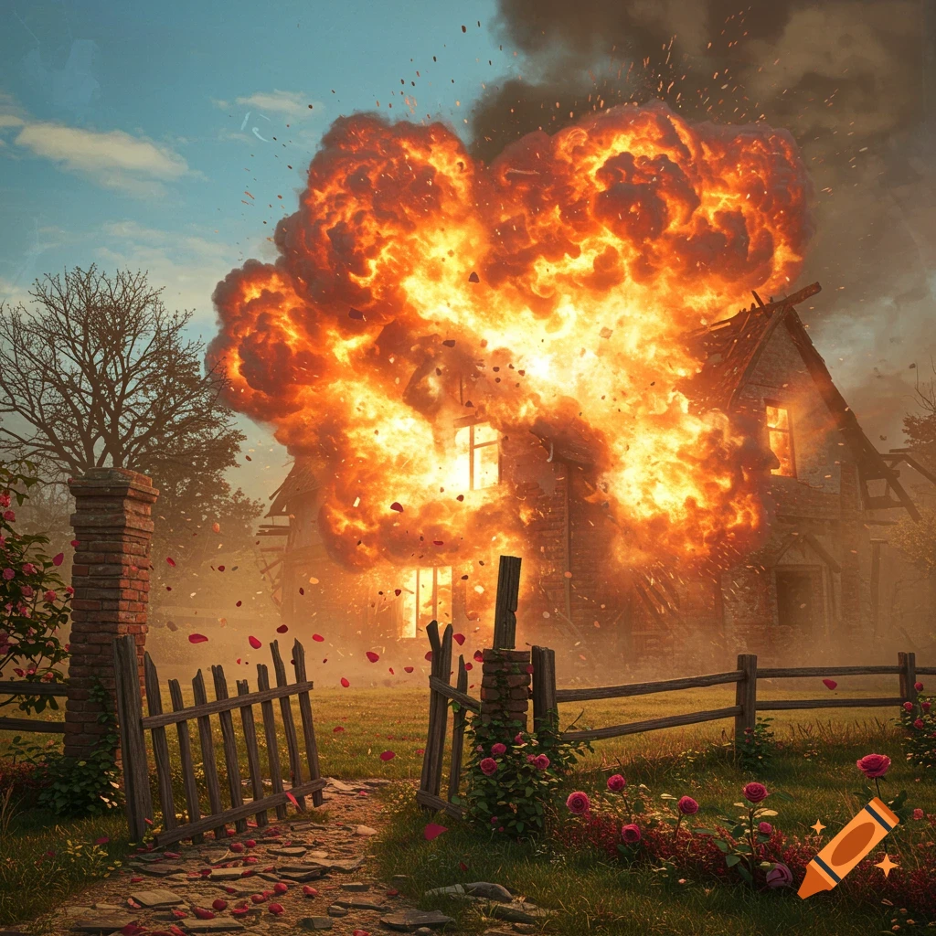 A dramatic explosion engulfs an old house in a rural setting, with debris and fire filling the sky.
