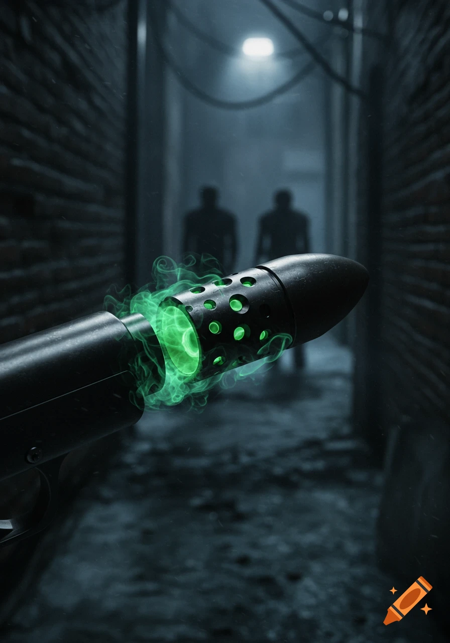 Close-up of a dark weapon barrel with green glowing holes and smoke in a dark alley, with two shadowy figures in the background.