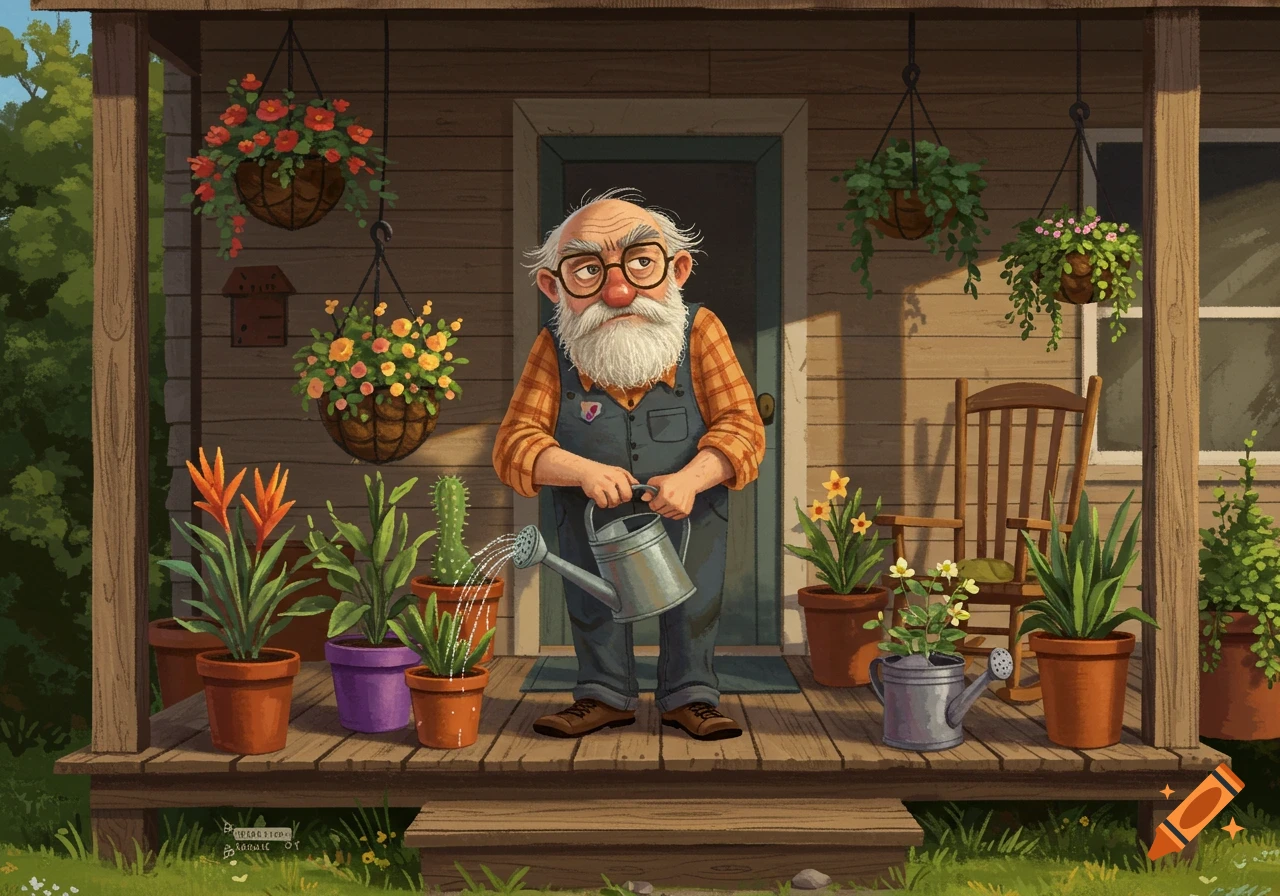 A grumpy old man with a white beard and glasses, wearing overalls, waters potted plants on a wooden porch in a whimsical illustration style.