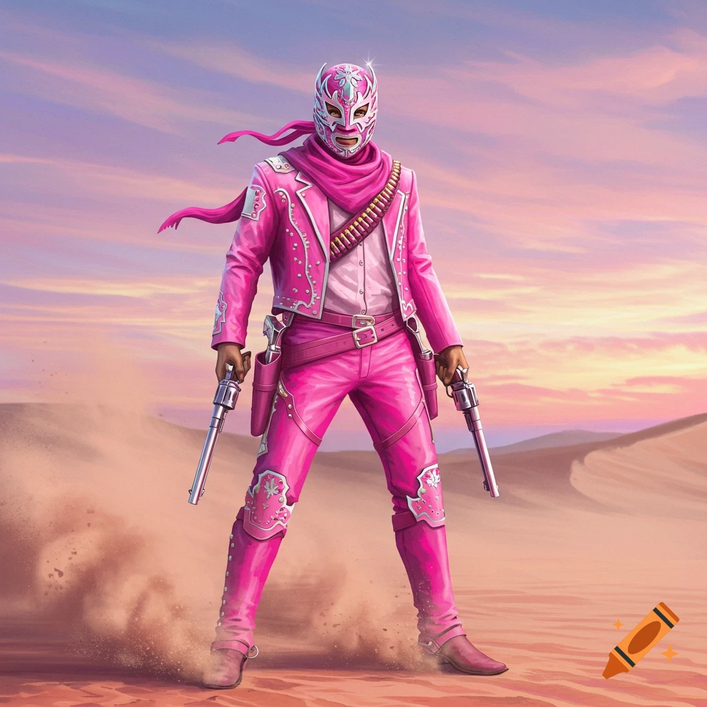 A gunslinger in a pink luchador mask and an all-pink outfit stands in a desert with pistols drawn.