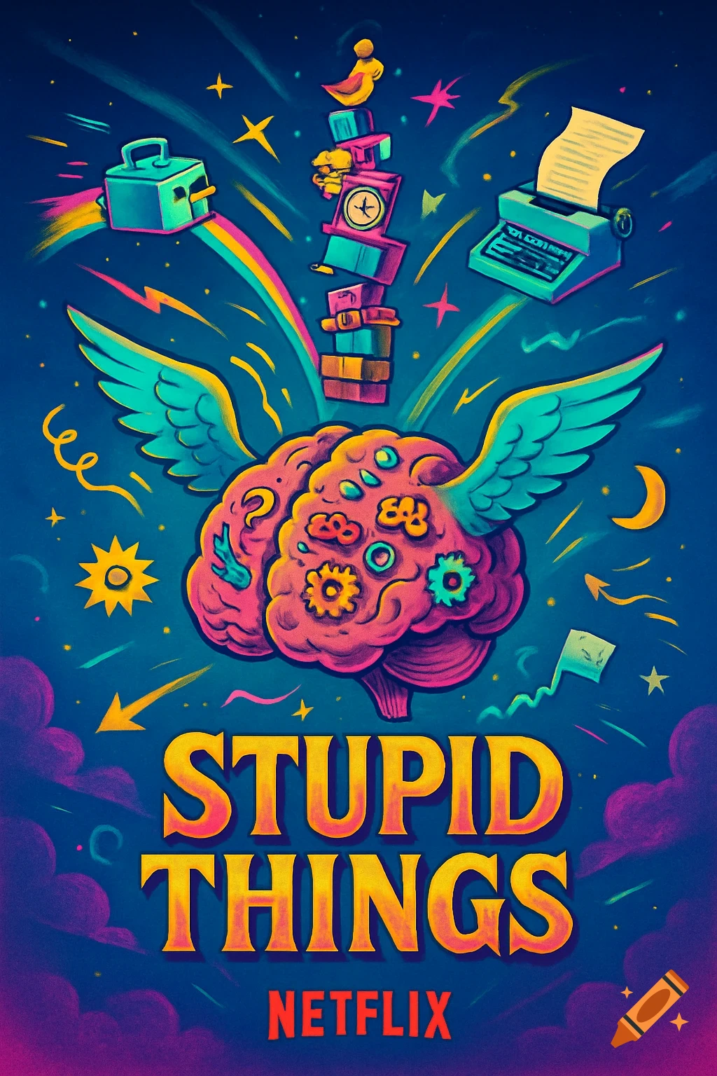 A vibrant, cartoonish poster with a winged pink brain surrounded by a toaster, typewriter, and stars, titled 'STUPID THINGS' and 'NETFLIX'.