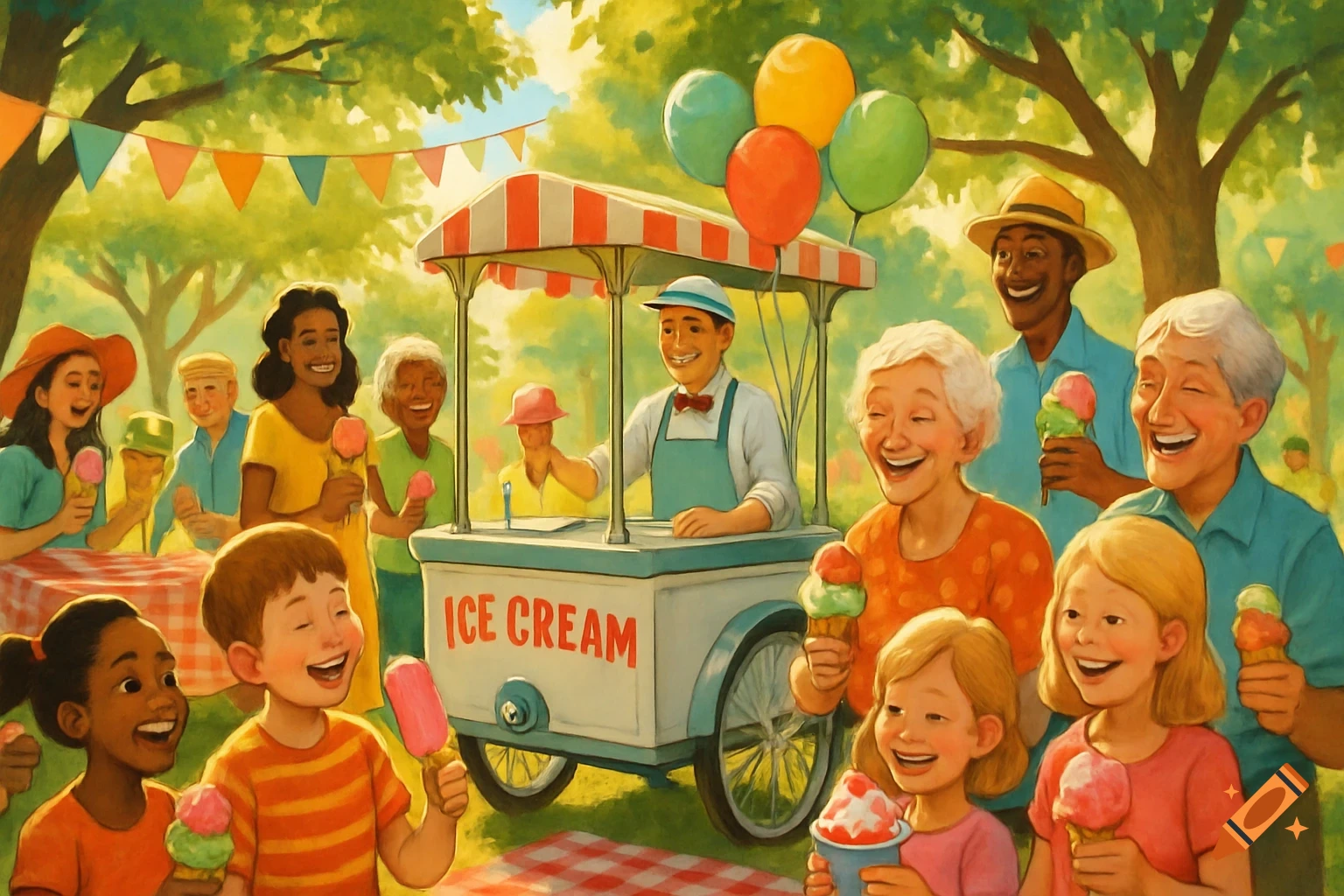 A diverse group of happy people of all ages enjoy ice cream at a lively outdoor social event with an ice cream cart and festive decorations, in a painterly style.
