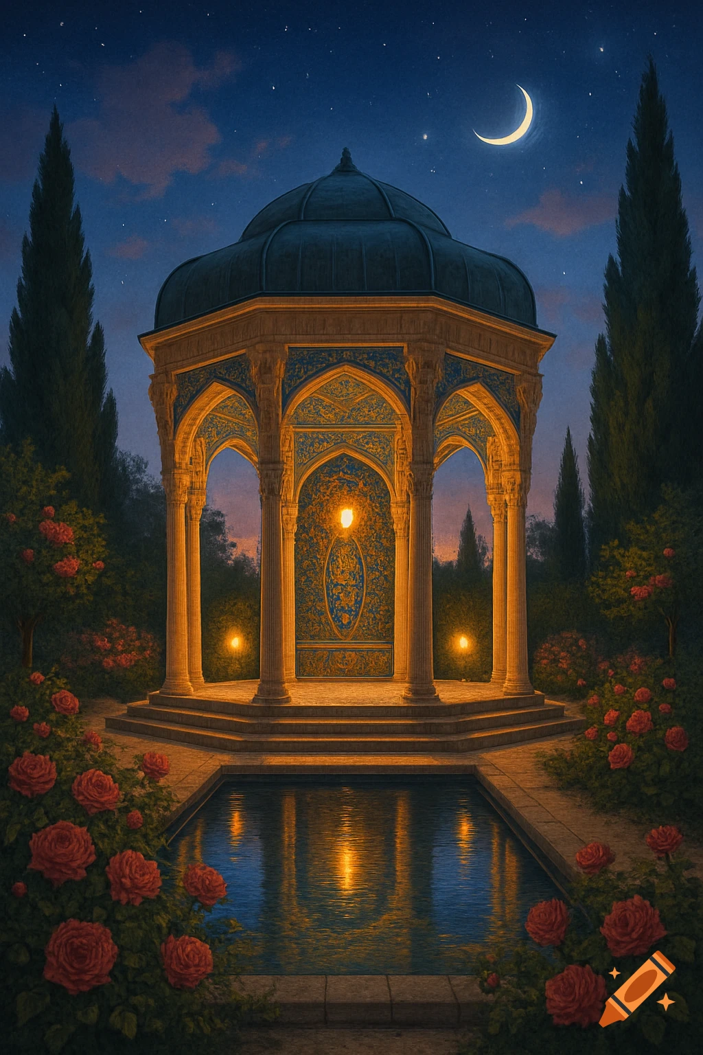 An ornate turquoise and gold gazebo stands in a moonlit garden with blooming red roses and a reflecting pool.