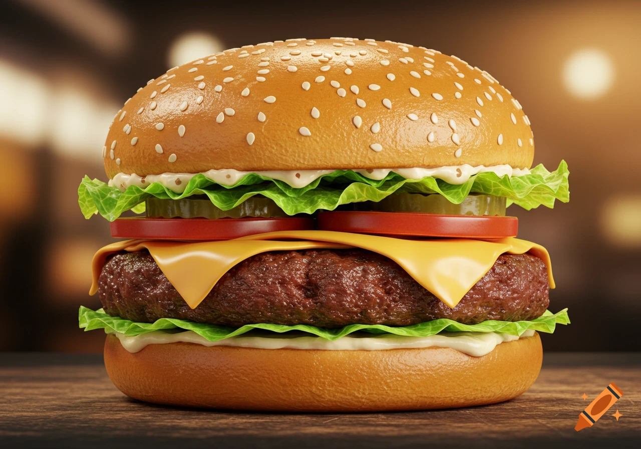 A close-up, photorealistic image of a stacked hamburger with lettuce, cheese, tomato, pickles, and mayonnaise on a sesame seed bun.
