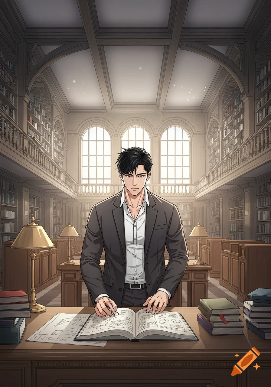A man in a suit studies a large book at a desk in a grand library, in manhua anime style.