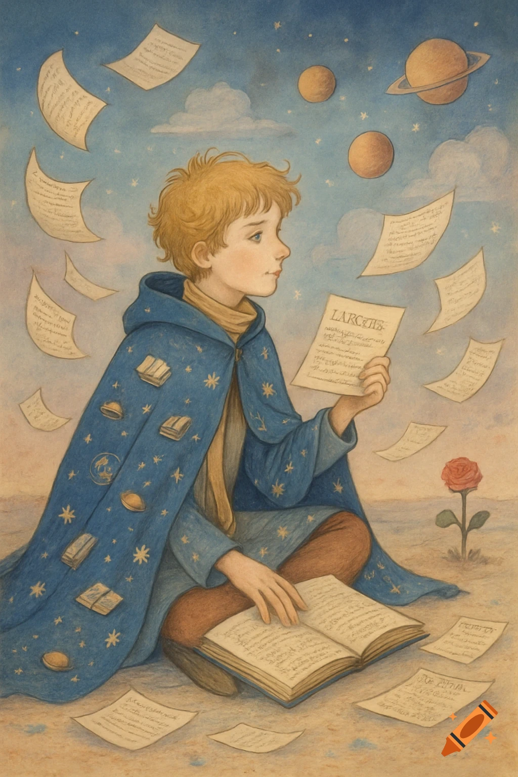 A blonde boy in a star-patterned robe reads papers and a book, surrounded by floating planets and a rose in a whimsical, painted style.