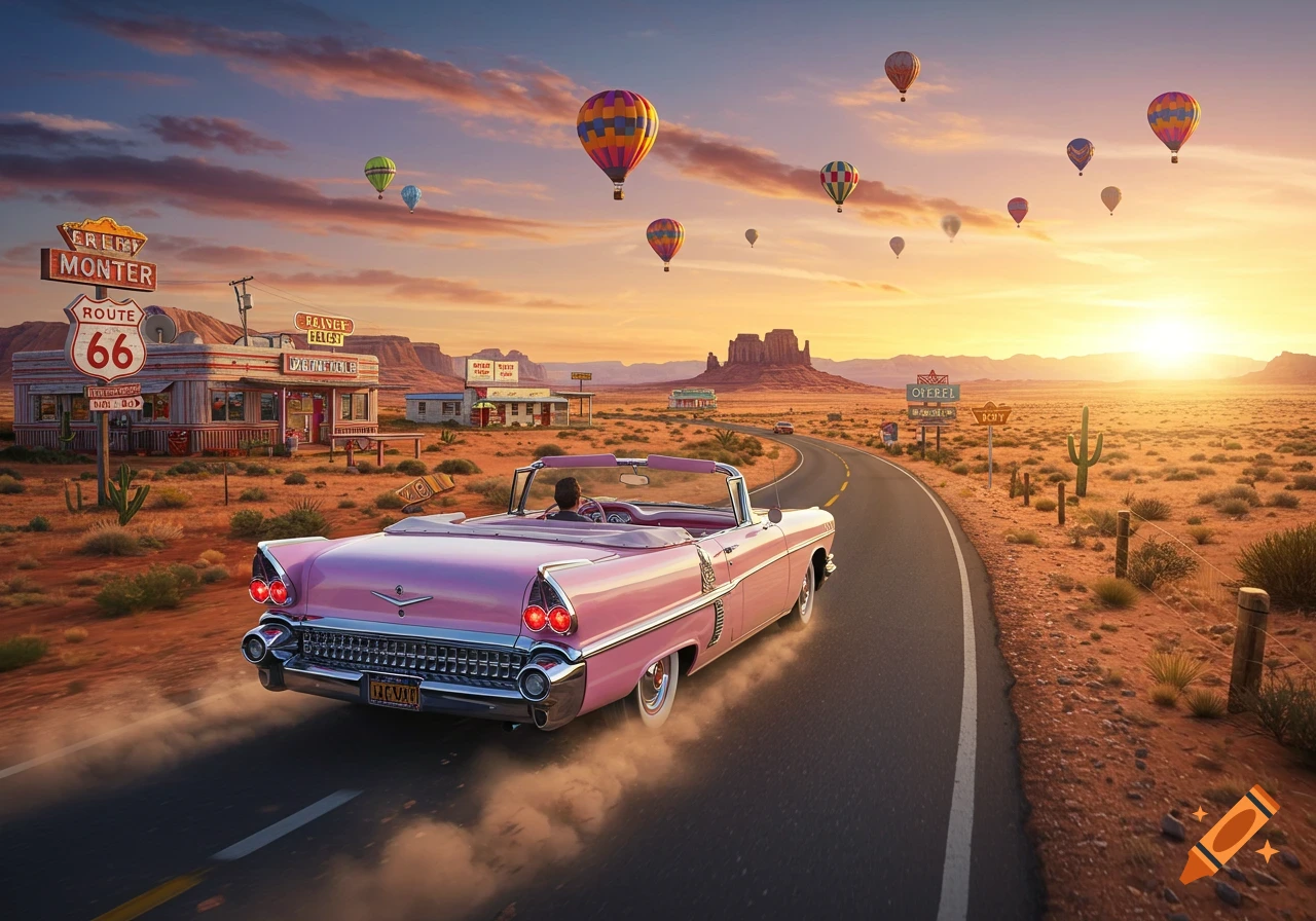 A vintage pink convertible drives down a desert highway (Route 66) at sunset, with hot air balloons floating above and old roadside diners along the path.