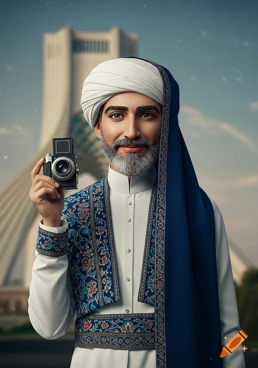 Photorealistic portrait of a man in white and blue traditional Persian attire holding an old camera in front of Azadi Tower.