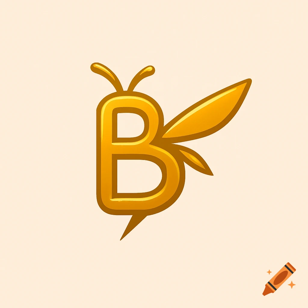 A golden stylized letter B combined with bee features like wings, antennae, and a stinger on a light background.