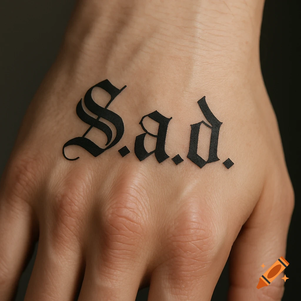 A close-up photorealistic image of a black 'S.a.d.' tattoo on the back of a hand.