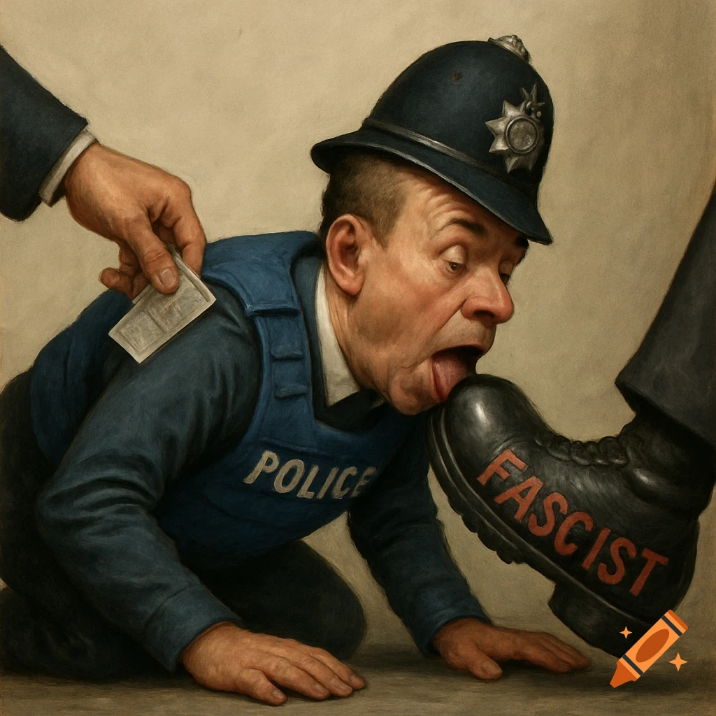 Caricature painting of a kneeling policeman in uniform licking a boot labeled 'FASCIST', as a hand puts money in his pocket.