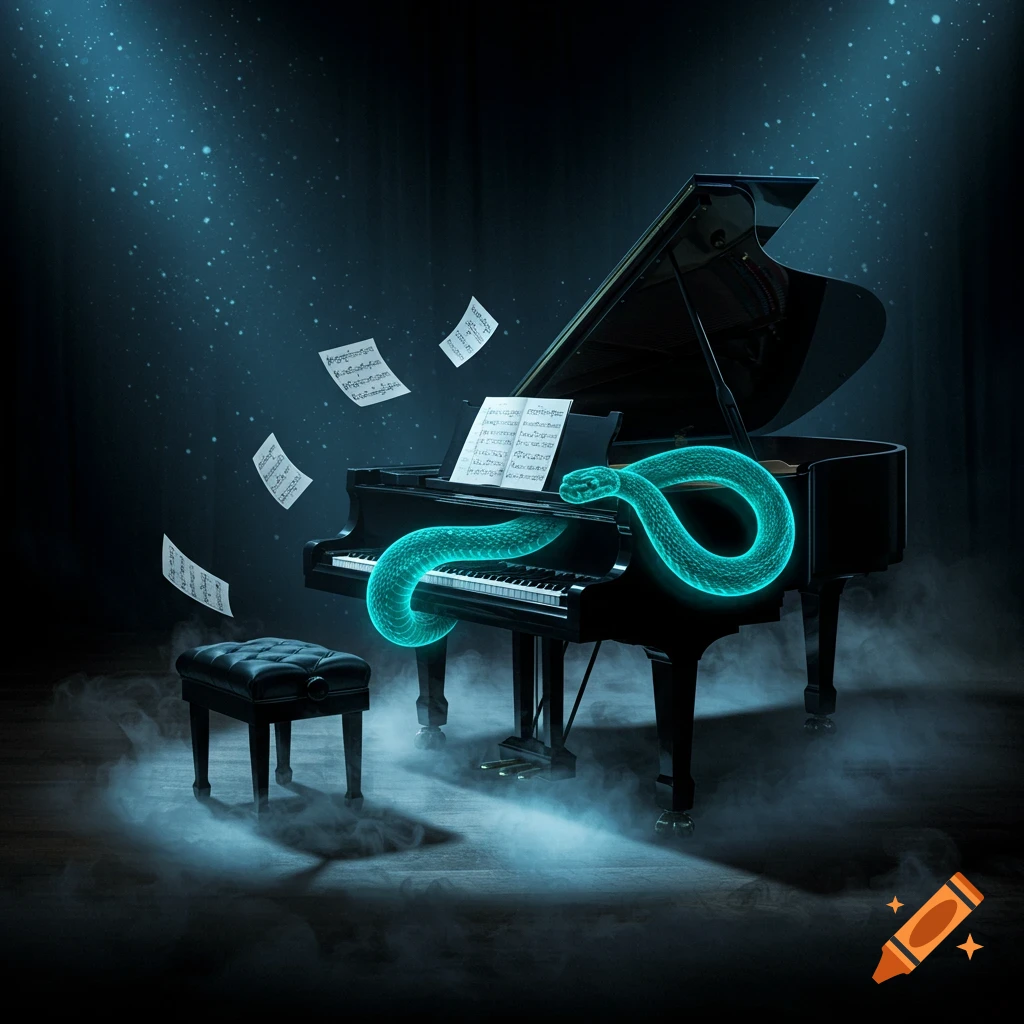 A glowing blue snake coiled on a grand piano in a dark, misty room with floating sheet music.