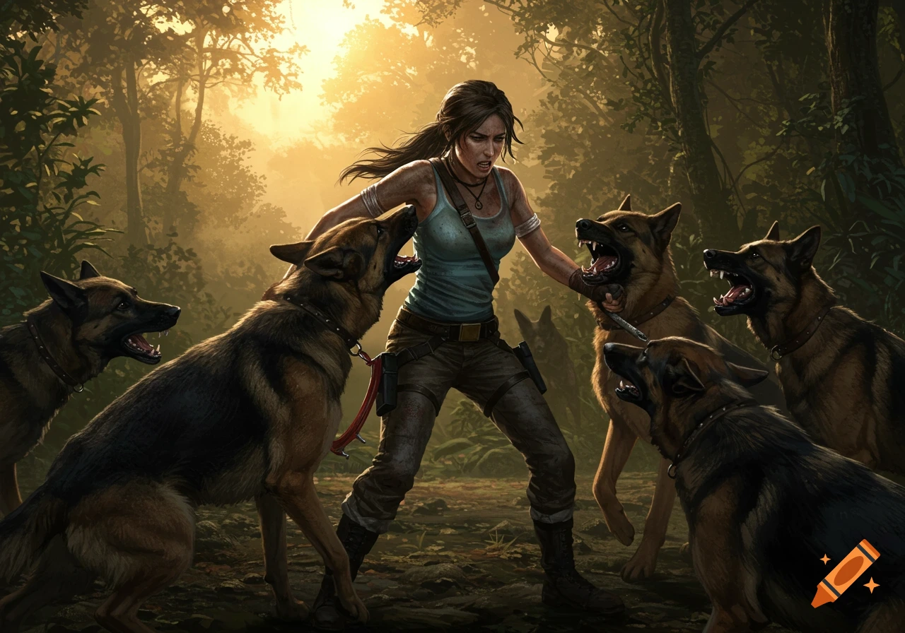 Lara Croft, looking fierce, struggles against a pack of snarling German Shepherds in a jungle at sunset.