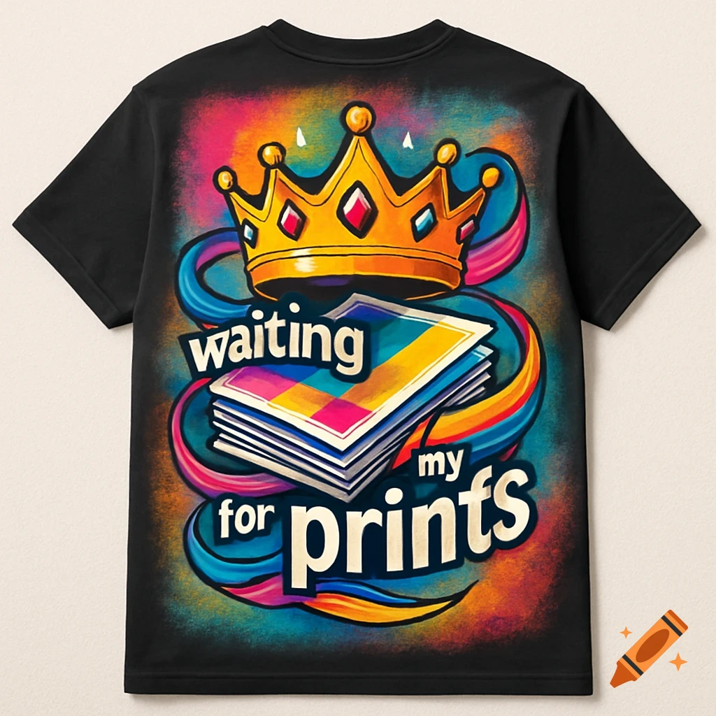 Black t-shirt with a colorful graphic: a golden crown, stack of CMYK papers, and 'waiting for my prints' text.