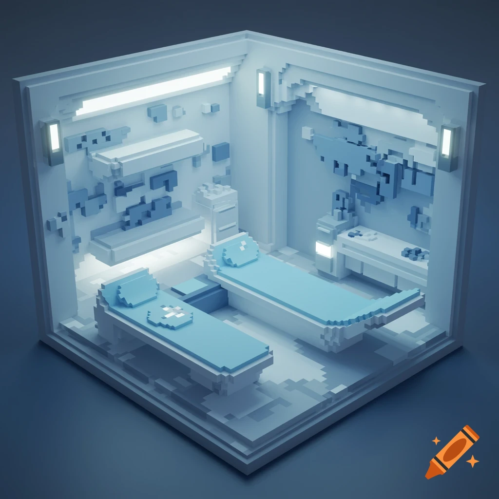 A voxel art rendering of a futuristic hospital room with two beds in periwinkle blue and white tones.