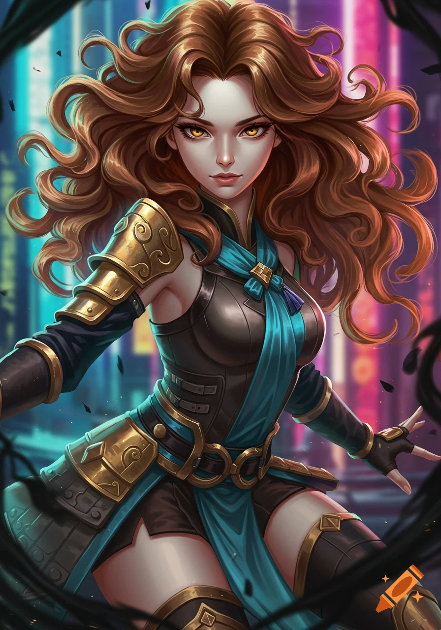 A fierce female character with curly brown hair, glowing yellow eyes, and dark, gold-accented armor, standing in a neon cyberpunk city.