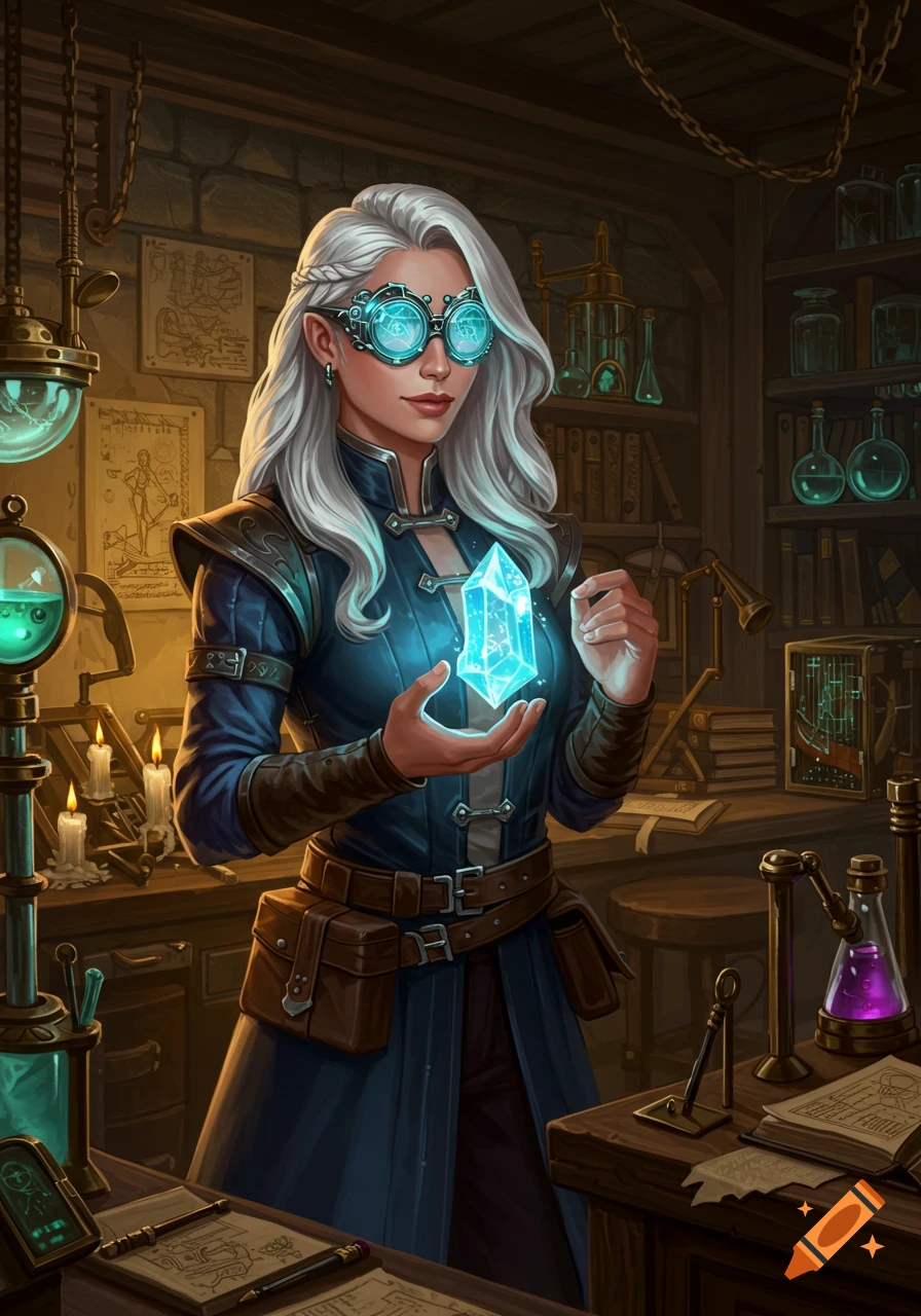 A female artificer with white hair and glowing goggles holds a glowing blue crystal in a cluttered workshop.