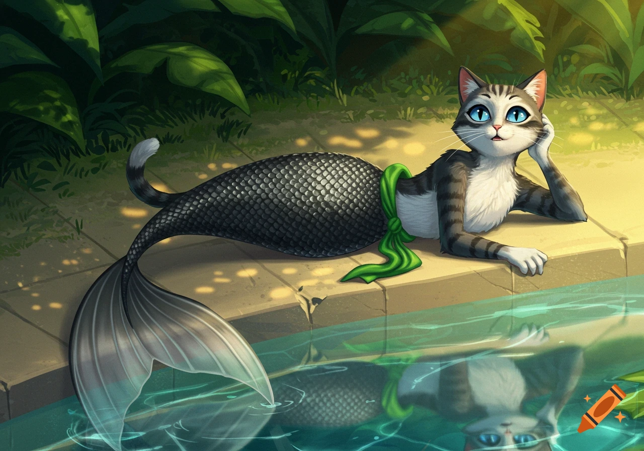 Cartoon cat with a mermaid tail reclining by a pool, looking at its reflection in the water.