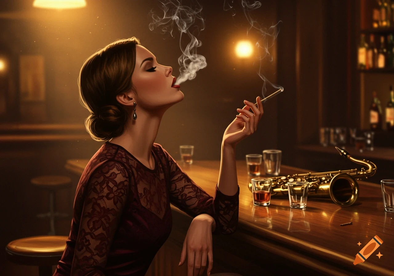 A woman with a bun smokes a cigarette at a bar, a saxophone and drinks beside her in a warm, low-lit setting.