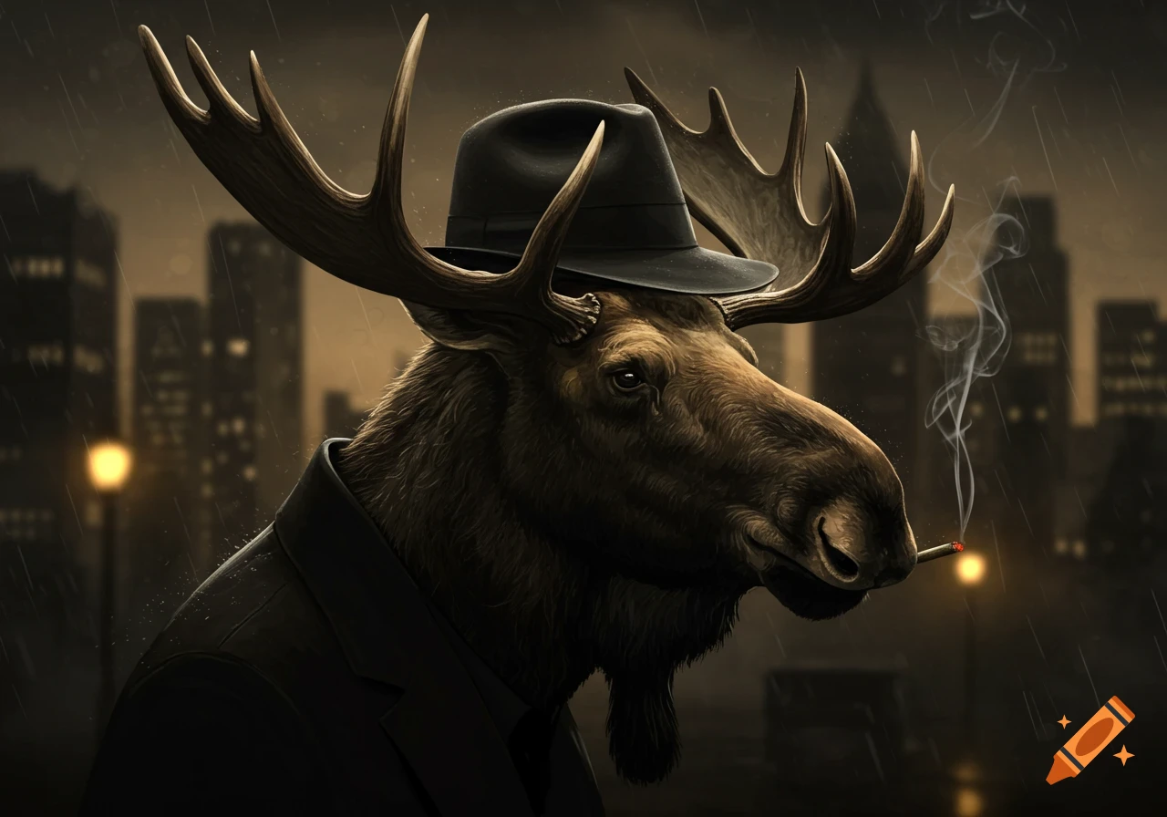 An anthropomorphic moose in a fedora and suit smokes a cigarette in a rainy noir city street at night.