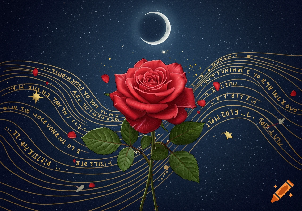 A vibrant red rose with green leaves stands against a dark blue, starry night sky with a white crescent moon above. Golden wavy lines of stylized text or symbols stretch across the background, with scattered red rose petals.