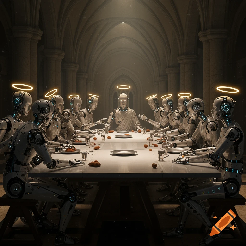 Photorealistic depiction of robots with halos seated at a long table in a dark, vaulted hall, resembling the Last Supper.