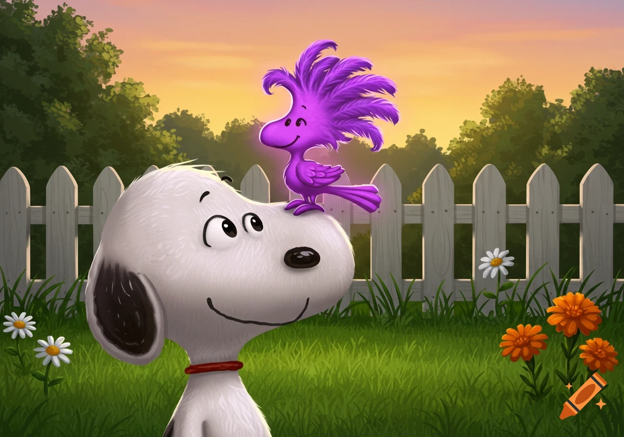Snoopy with a purple bird resembling Woodstock on his head, standing in a sunny garden with a white picket fence.