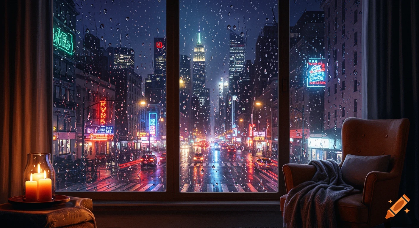 A warm, cozy apartment interior looking out a rain-streaked window at a vibrant, neon-lit New York City street at night with the Empire State Building in the distance.