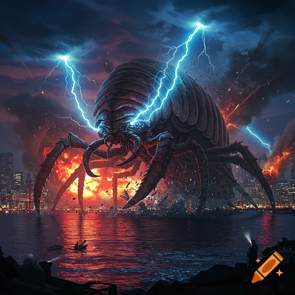 Giant armored isopod kaiju monster with lightning eyes emerges from water, city ablaze at night in dramatic style.