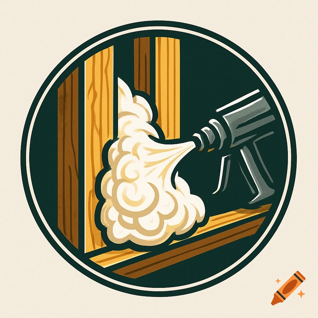 A circular logo featuring a spray foam gun applying insulation between wooden studs.