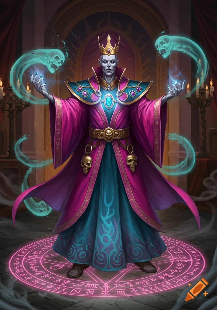 A pale necromancer or wizard in vibrant magenta and teal robes, wearing a crown, casts a spell with glowing green spirits. He stands on a glowing pink magic circle in a dark hall, in a digital painting style.