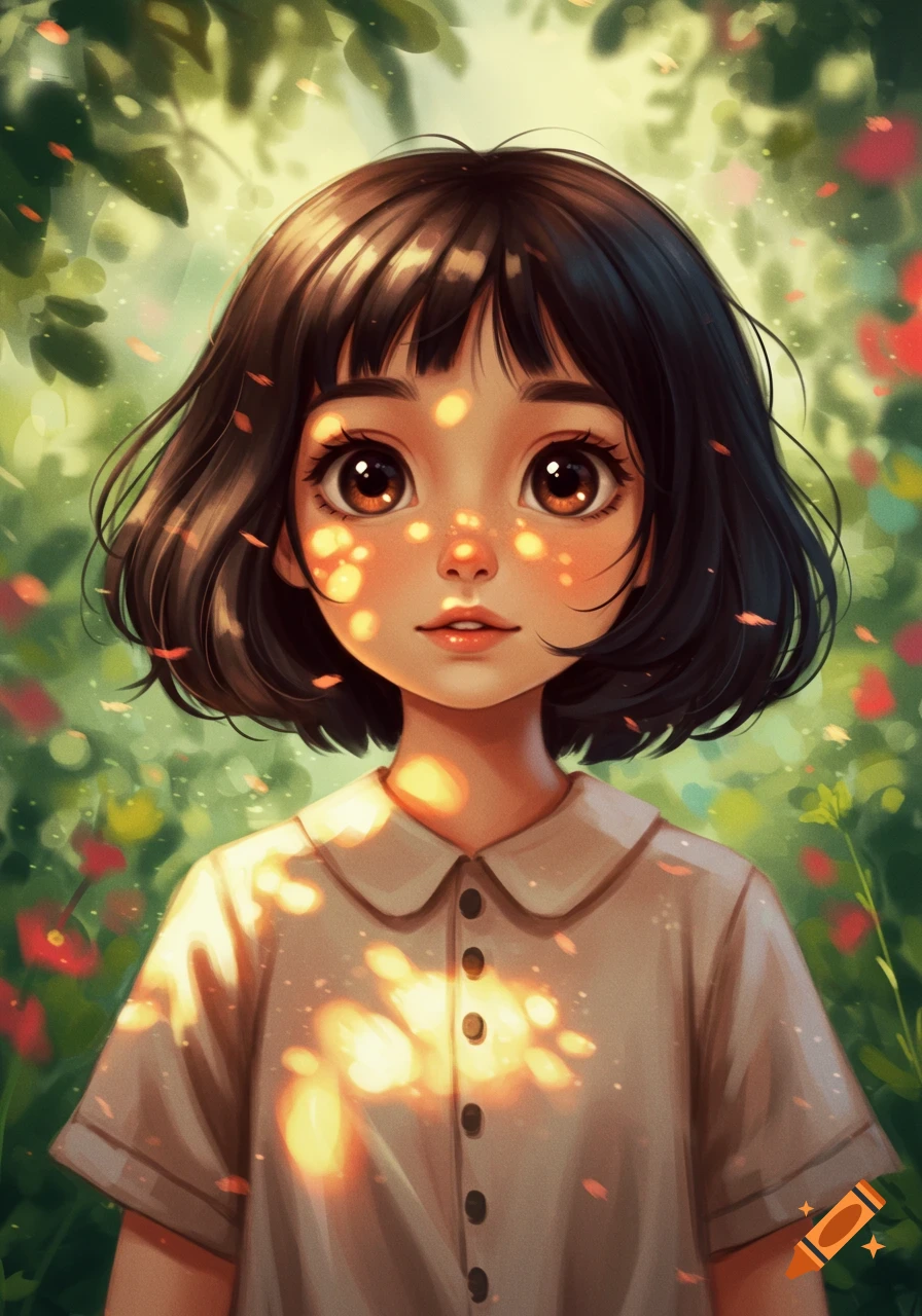 A cute anime-style girl with short dark hair and big brown eyes, illuminated by dappled sunlight in a lush green environment.
