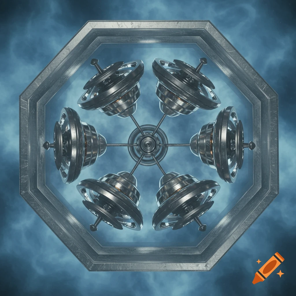 Six metallic gyroscopes within an octagonal frame against a swirling blue background.