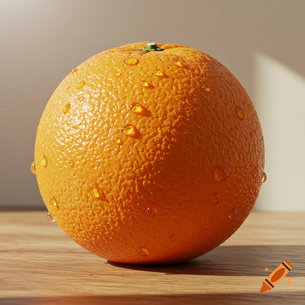 A photorealistic close-up of a vibrant orange covered in water droplets, resting on a wooden surface.