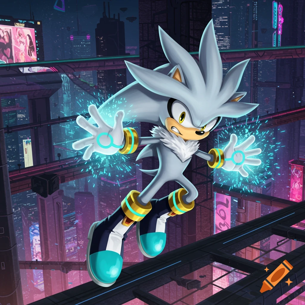 Silver the Hedgehog, a gray sonic character, floats with glowing hands in a futuristic neon city. Anime style.