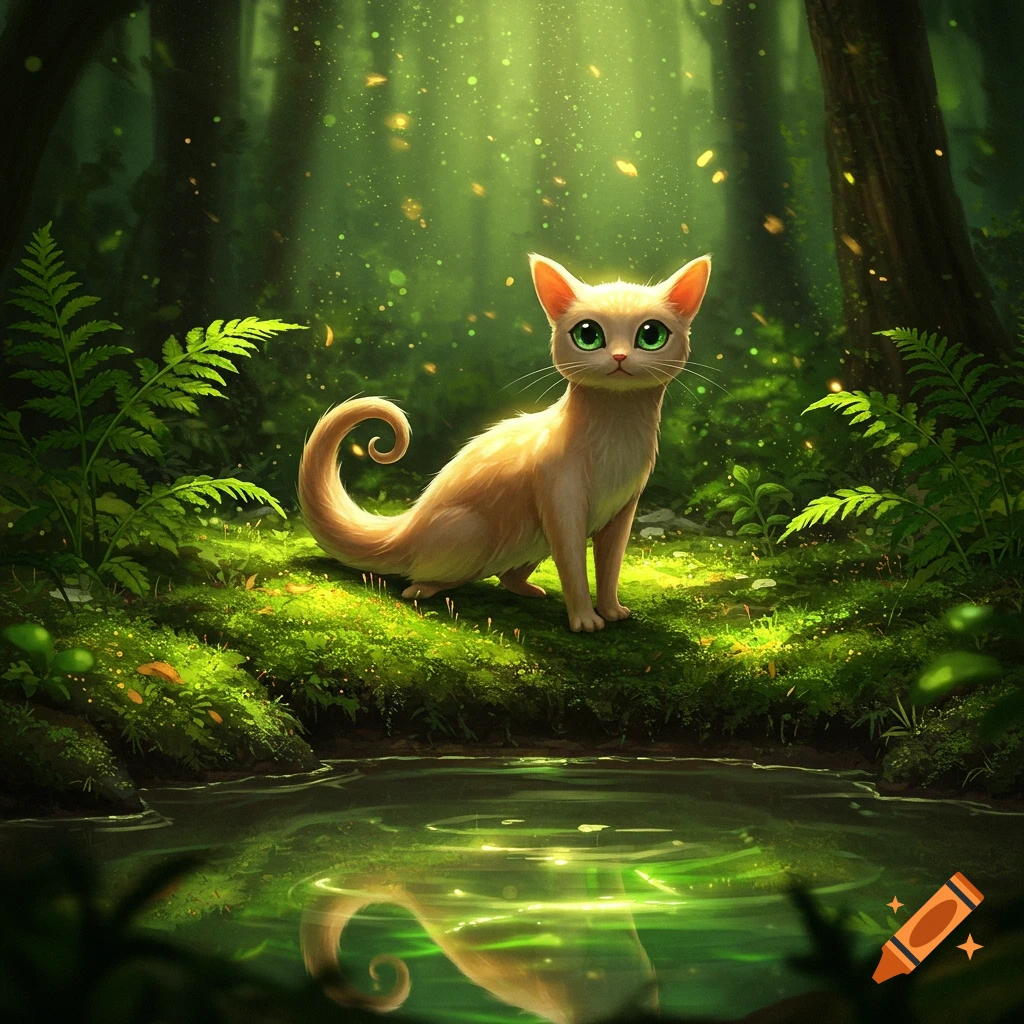 A cute, stylized, light orange cat with large green eyes sits by a pond in a glowing green forest.