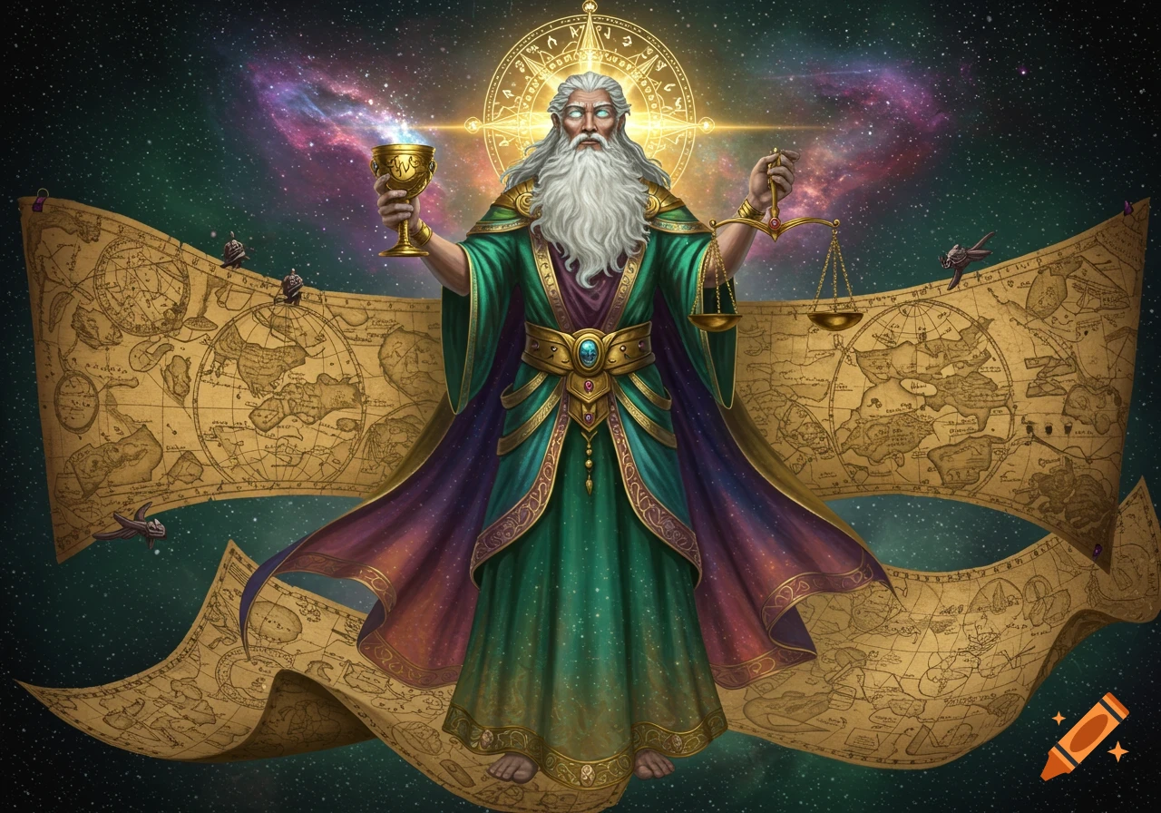 A white-bearded god in green robes floats in space, holding a golden chalice and scales, with cosmic maps unfurling behind him.