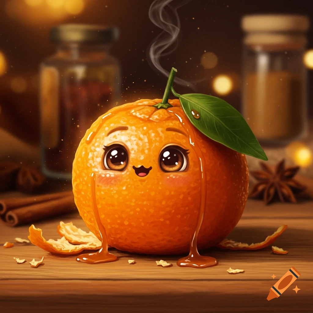A cute, anthropomorphic orange with big eyes and a smile drips caramel onto a wooden table surrounded by cinnamon sticks, star anise, and orange peels, with warm background lighting.