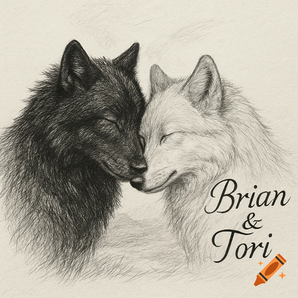 A black and white pencil sketch of two wolves, one black and one white, with their heads touching. The names 'Brian & Tori' are written next to them.