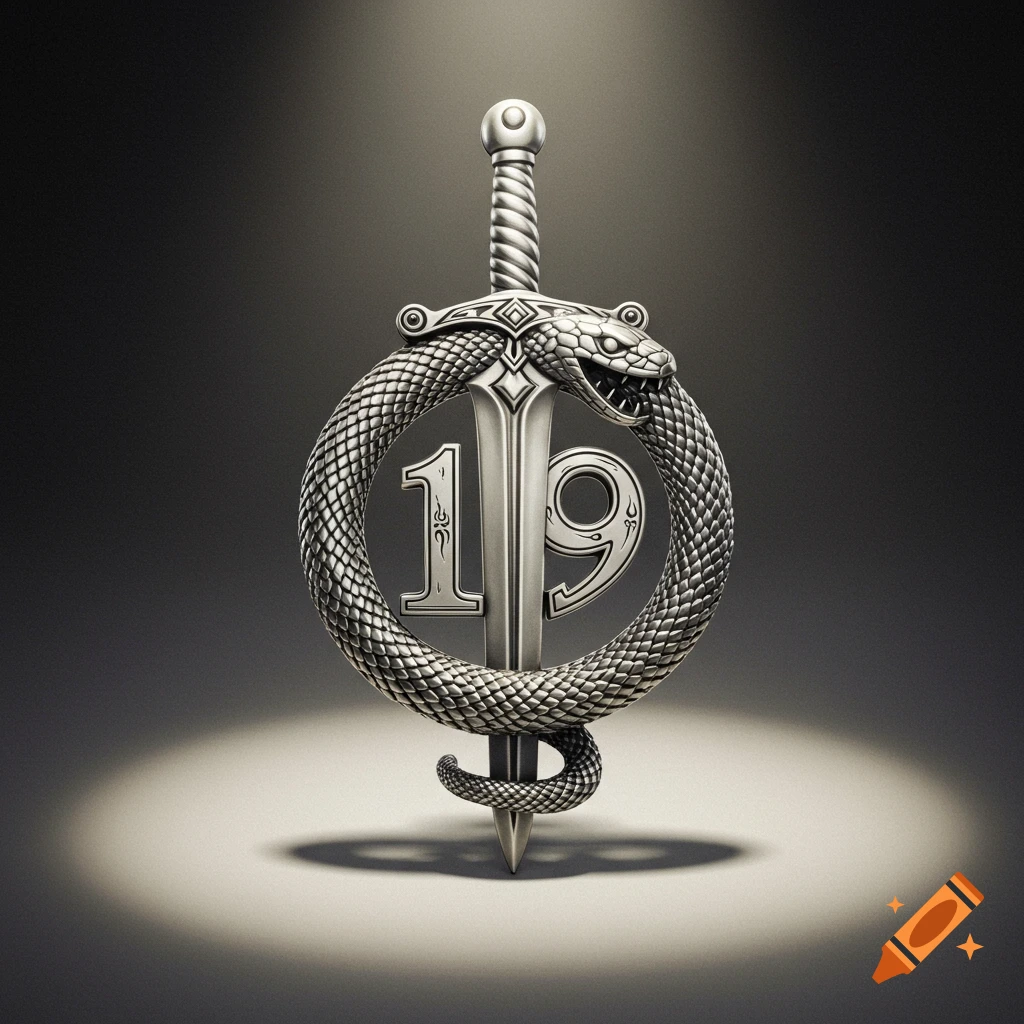 A shiny silver pin featuring a sword, with a snake wrapped around its blade, forming the numbers 19, on a dark background with a spotlight.