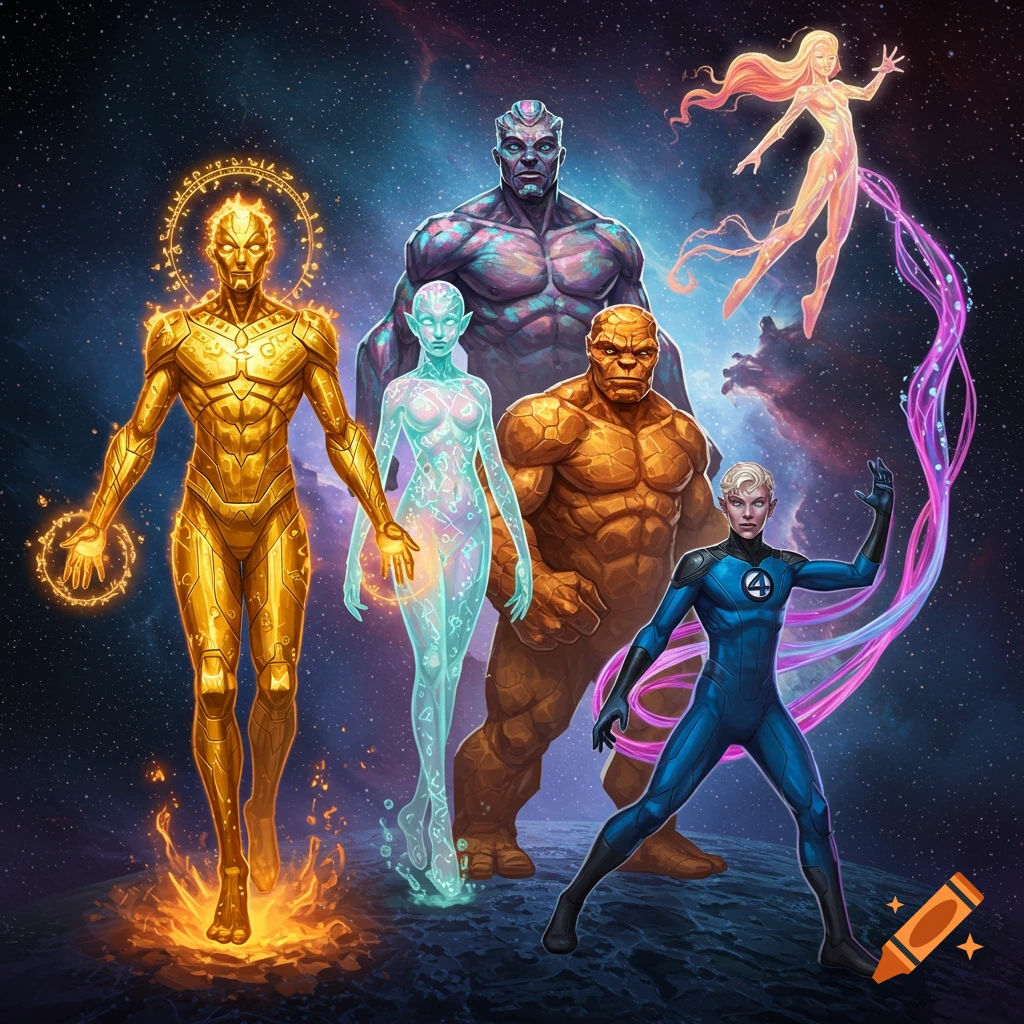 Five diverse superhero characters with unique powers, including golden, ethereal, rocky, and glowing forms, stand against a cosmic backdrop.