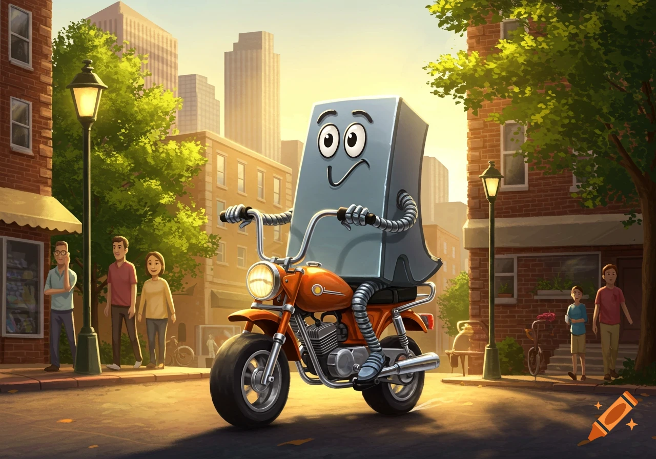 A cartoon gray paperclip-like character with eyes and a mouth rides an orange mini-bike down a city street at sunset.
