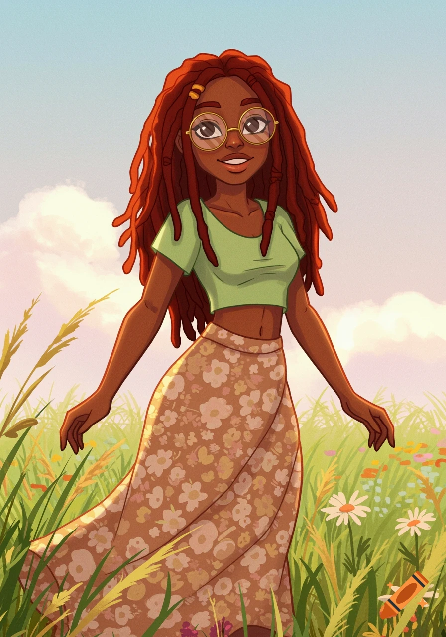 A cartoon illustration of a young black woman with red locs and glasses, smiling in a sunny field of grass and wildflowers.