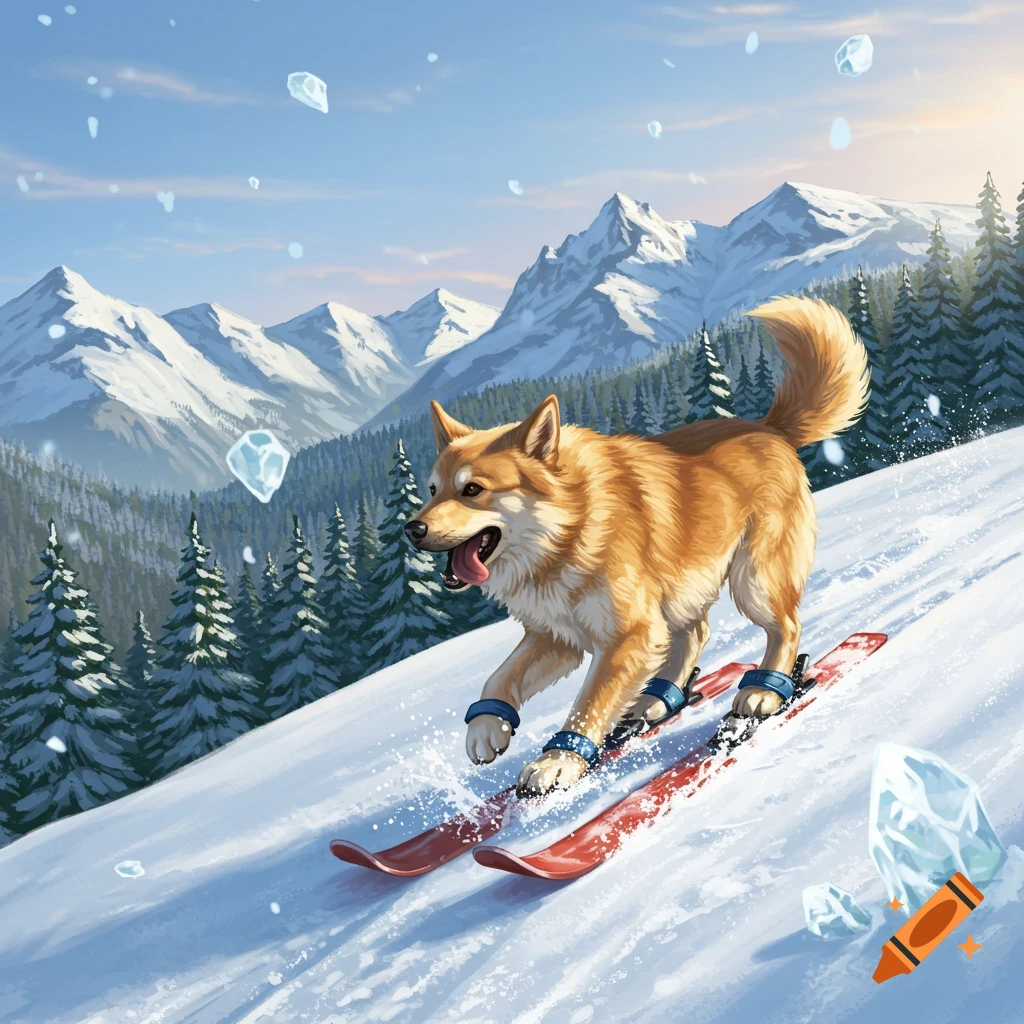 A happy golden dog wearing blue ski boots, skiing down a snowy mountain slope with pine trees and snow-capped peaks in the background.