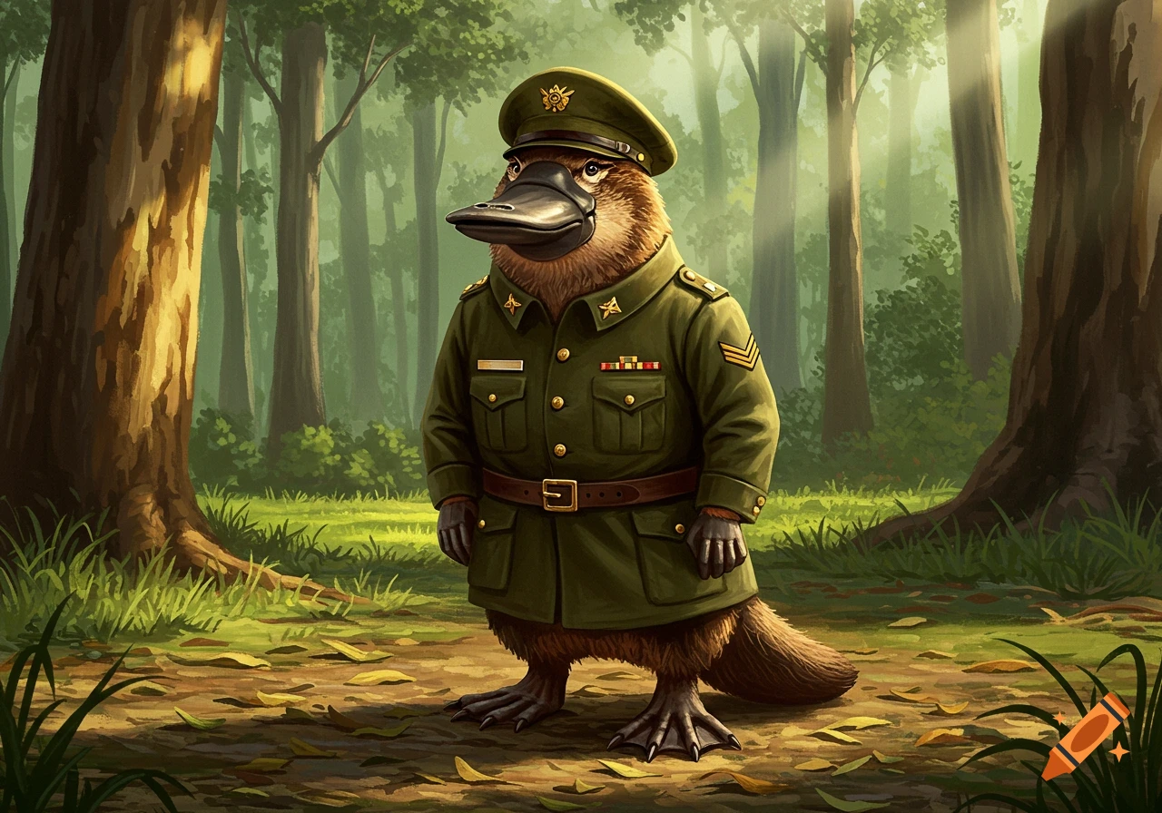 A platypus in a military uniform standing in a lush green forest.
