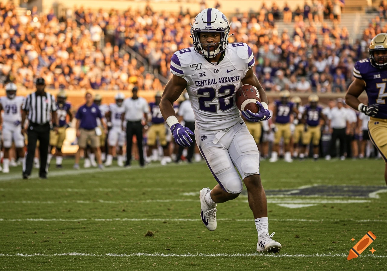 A photorealistic image of a football player in a white and purple uniform running with the ball on a field in a stadium.